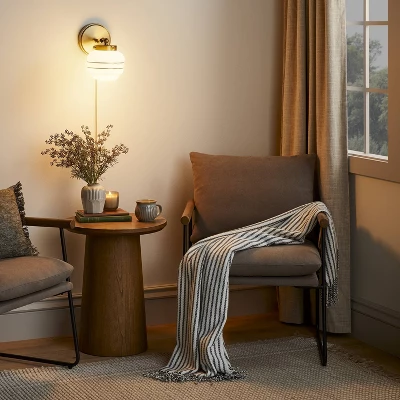 Milk Glass Striped Wall Sconce Brass Finish - Hearth & Hand™ With Magnolia: Modern Chic Lighting Fixture 1 Milk Glass Striped Wall Sconce Brass Finish - Hearth & Hand™ With Magnolia: Modern Chic Lighting Fixture