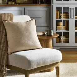 18"x18" Solid Chambray With Faux Leather Trim Square Throw Pillow Beige/Brown - Hearth & Hand™ With Magnolia