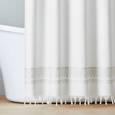 Embroidered Border Stripe Woven Shower Curtain Taupe - Hearth & Hand™ With Magnolia 1 Embroidered Border Stripe Woven Shower Curtain Taupe - Hearth & Hand™ With Magnolia